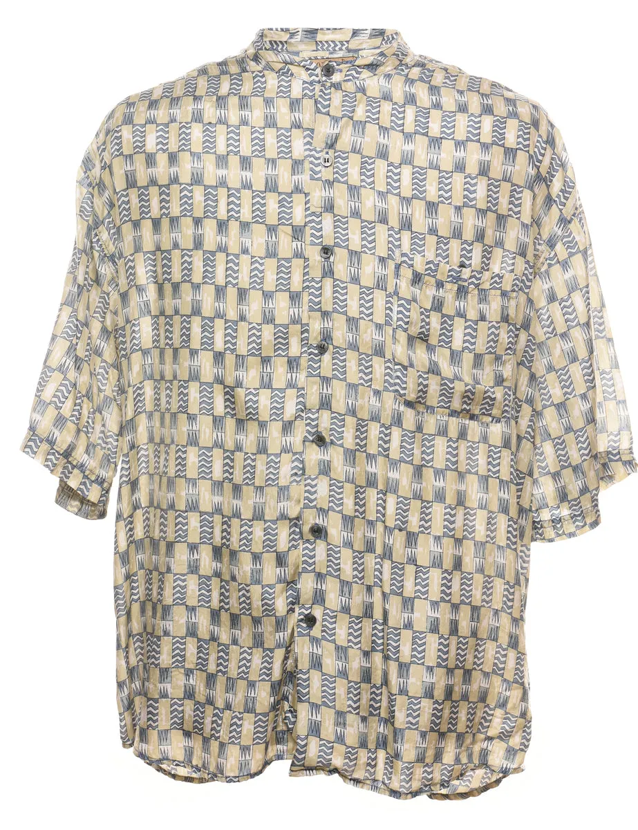 1990s Beige & Light Blue Patterned Silk Shirt - L