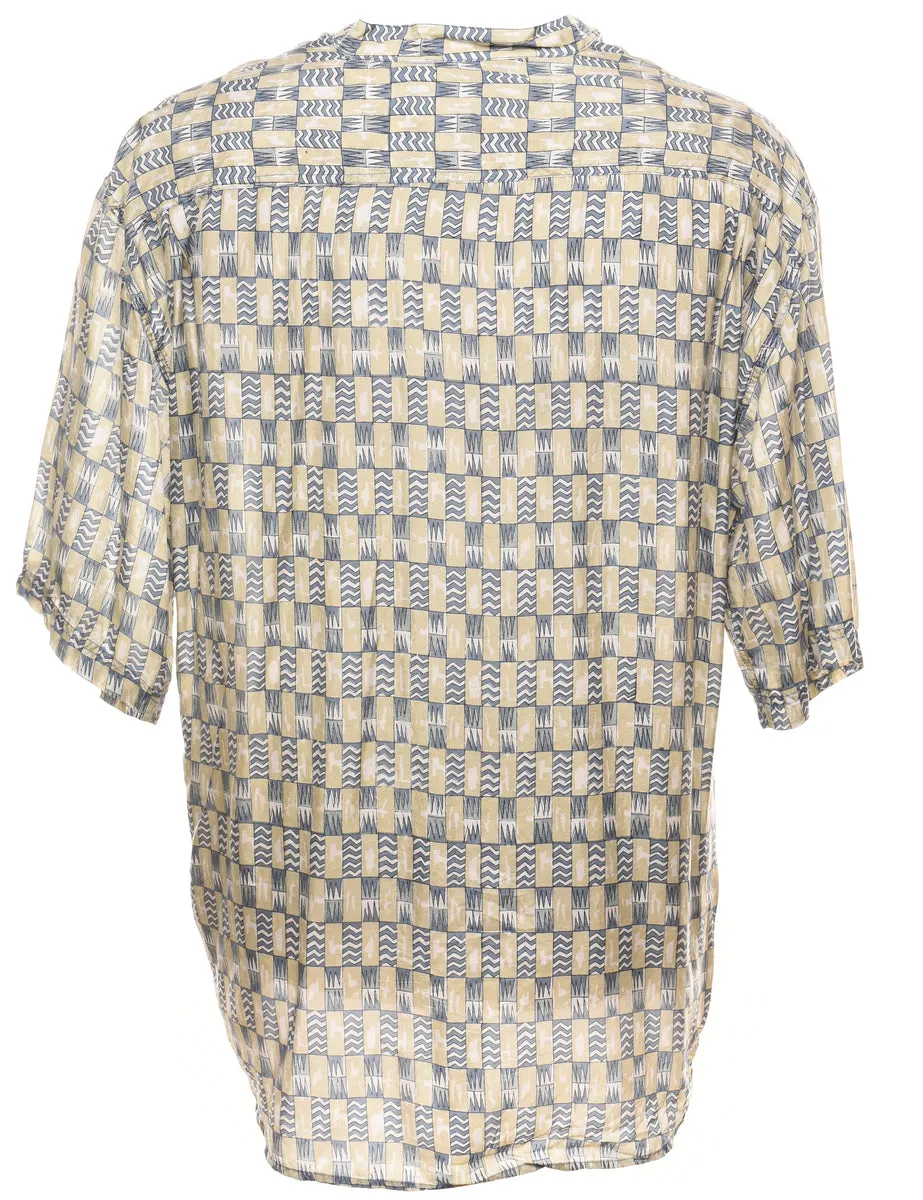 1990s Beige & Light Blue Patterned Silk Shirt - L