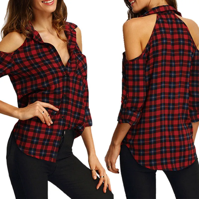 Bear Shoulder V-neck Plaid 3/4 Sleeves T-shirt