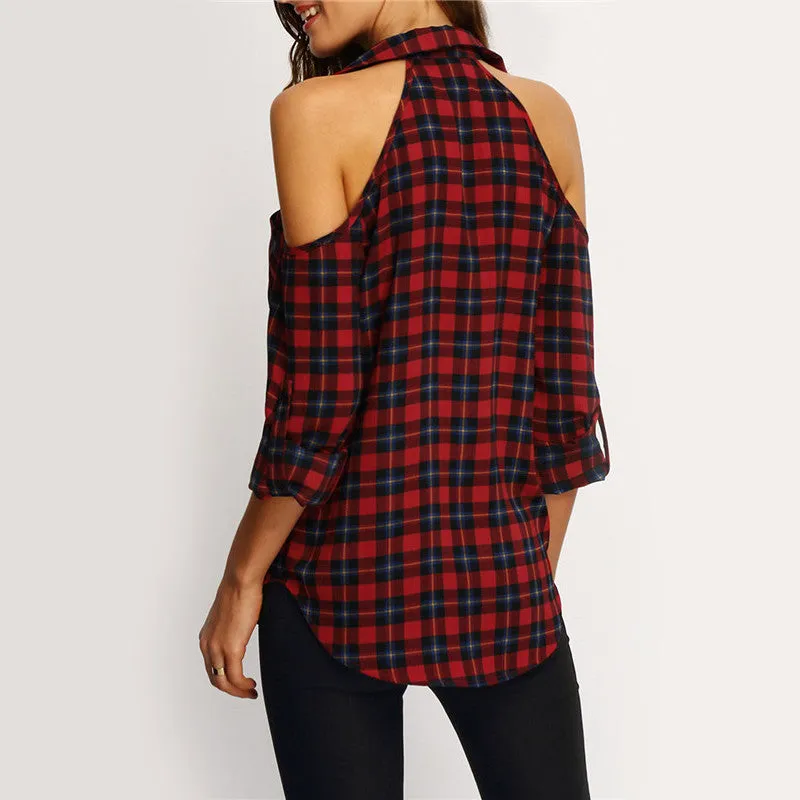 Bear Shoulder V-neck Plaid 3/4 Sleeves T-shirt