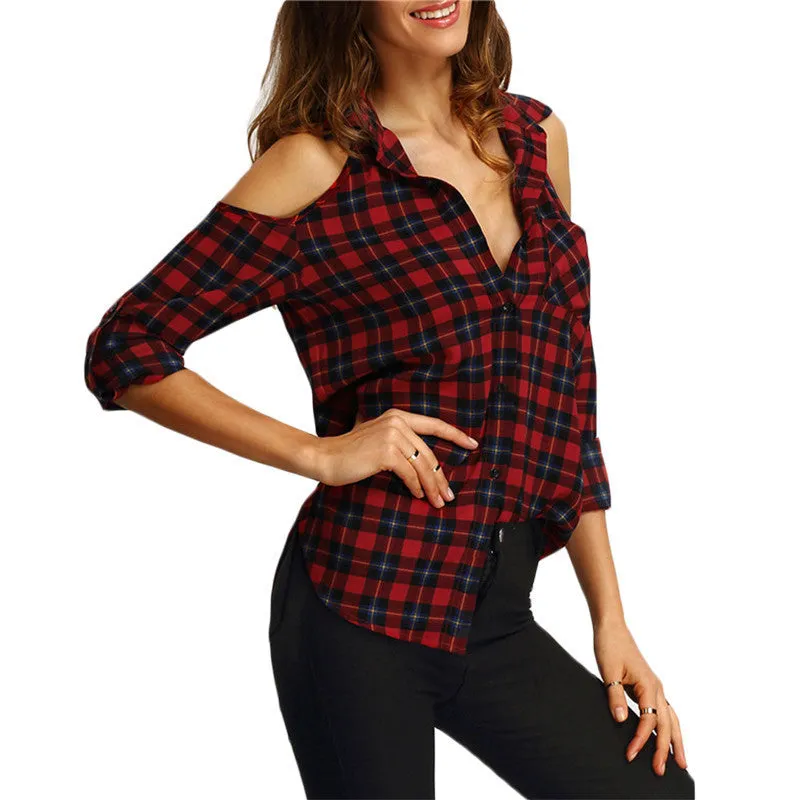 Bear Shoulder V-neck Plaid 3/4 Sleeves T-shirt