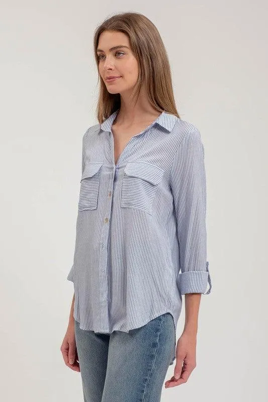 Blue Striped Collared Button Down Top