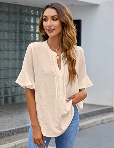 BMJL Womens White Blouses Dressy Business Casual Work Tops Cute Short Sleeve V Neck Shirt Summer Outfits 2024(Black, S)