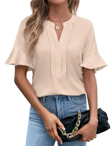 BMJL Womens White Blouses Dressy Business Casual Work Tops Cute Short Sleeve V Neck Shirt Summer Outfits 2024(Black, S)