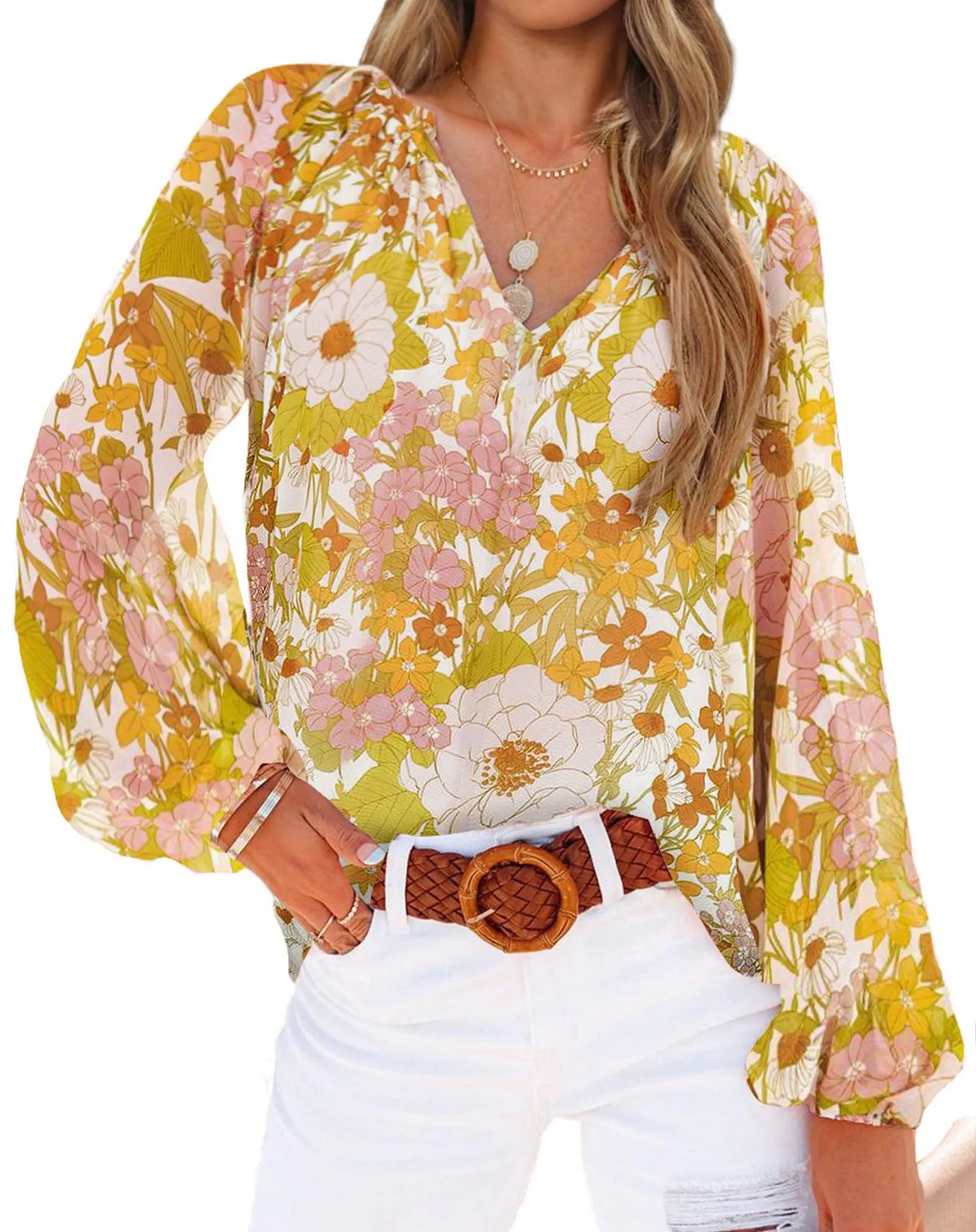 BTFBM Women Casual Boho Blouse Fashion Floral Shirts V Neck Long Puff Sleeve Lightweight Chiffon Spring Summer Tops 2024(Floral Yellow, Small)