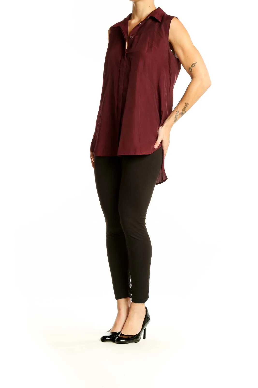 Burgundy Sleeveless Button-Down Blouse