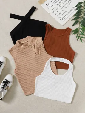 Casual Plain Halter Crop Women Tank Top & Cami