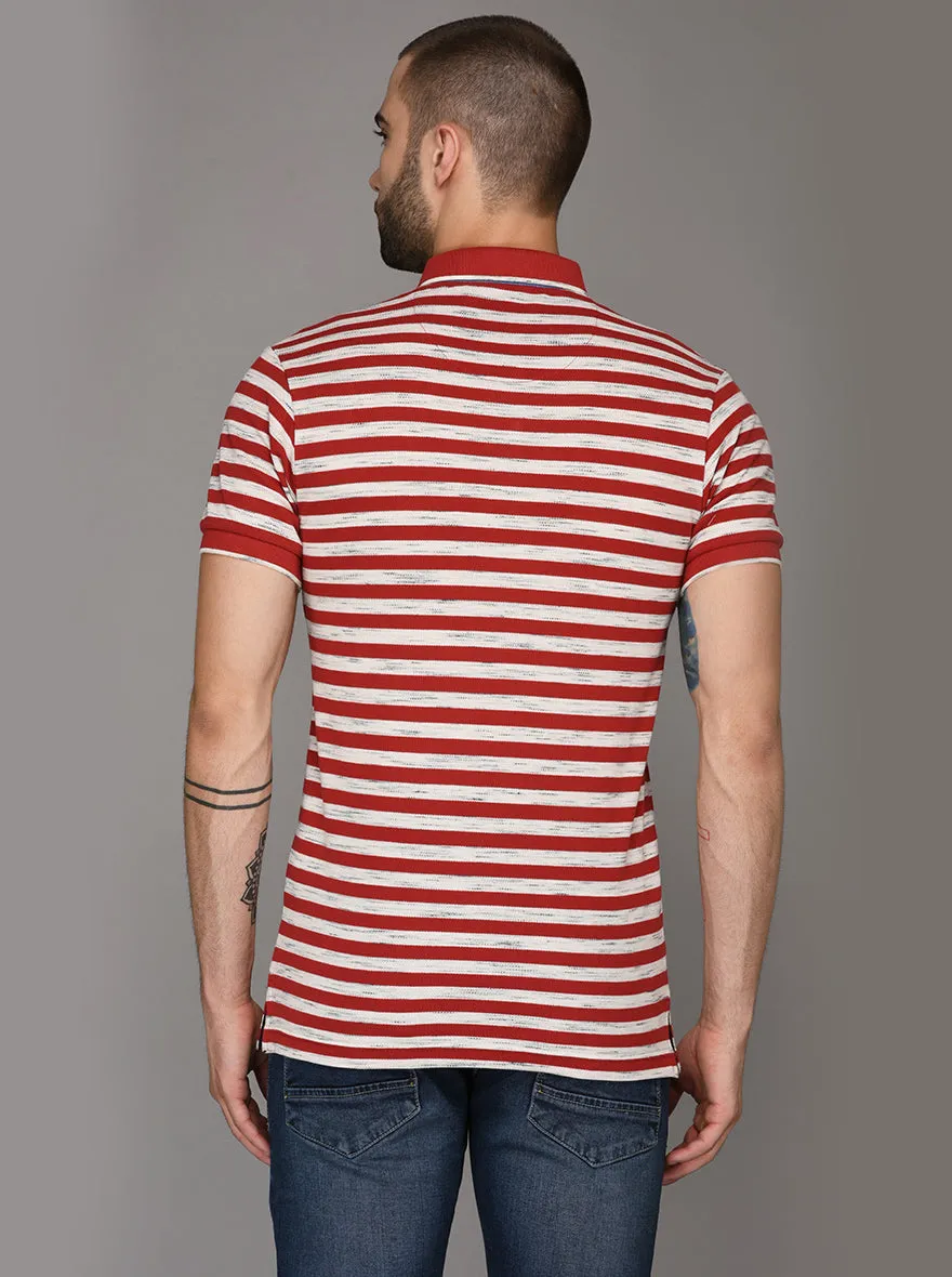 Cherry Red & Off-White Striped Slim Fit Polo T-Shirt | JadeBlue