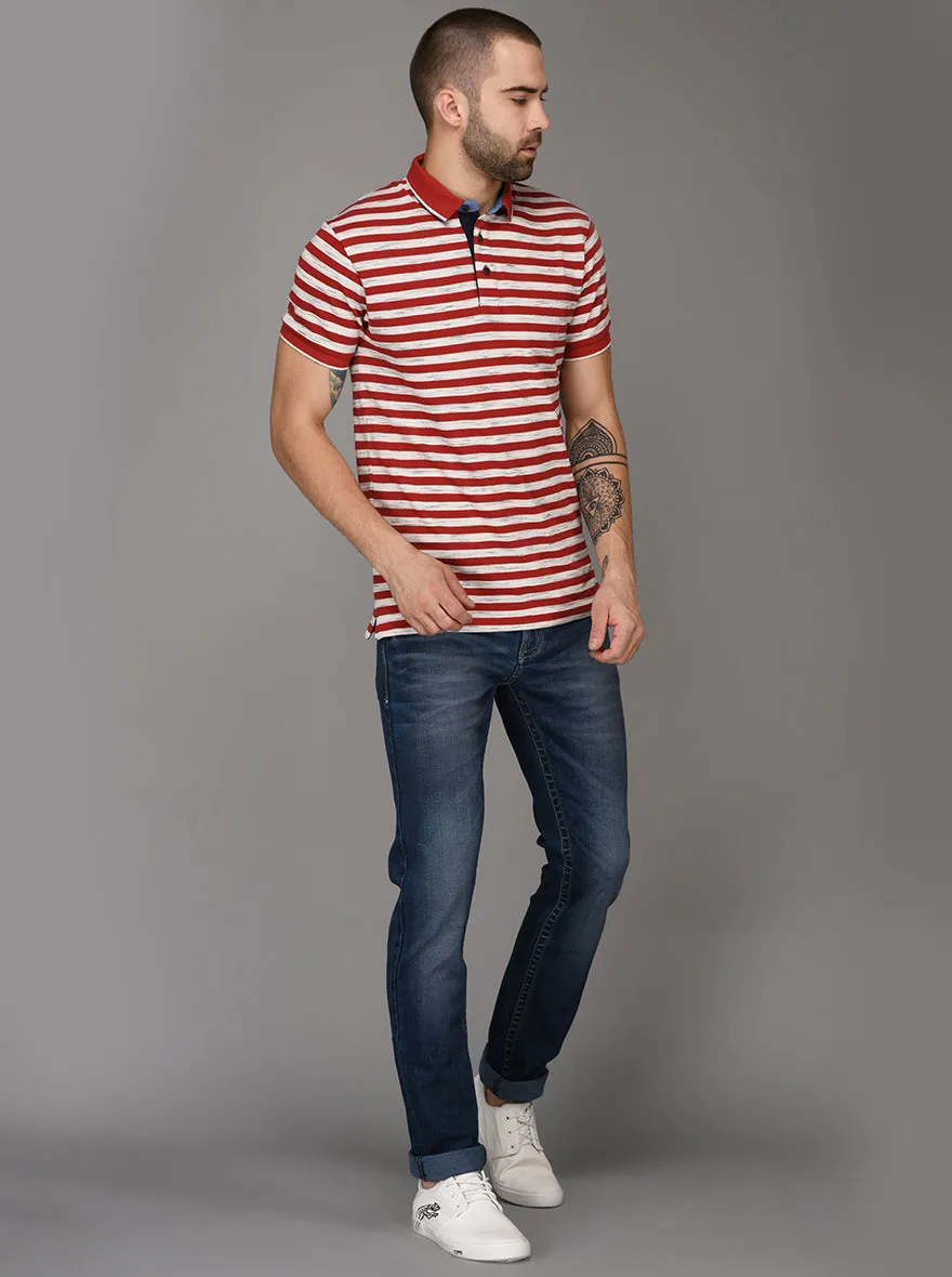 Cherry Red & Off-White Striped Slim Fit Polo T-Shirt | JadeBlue