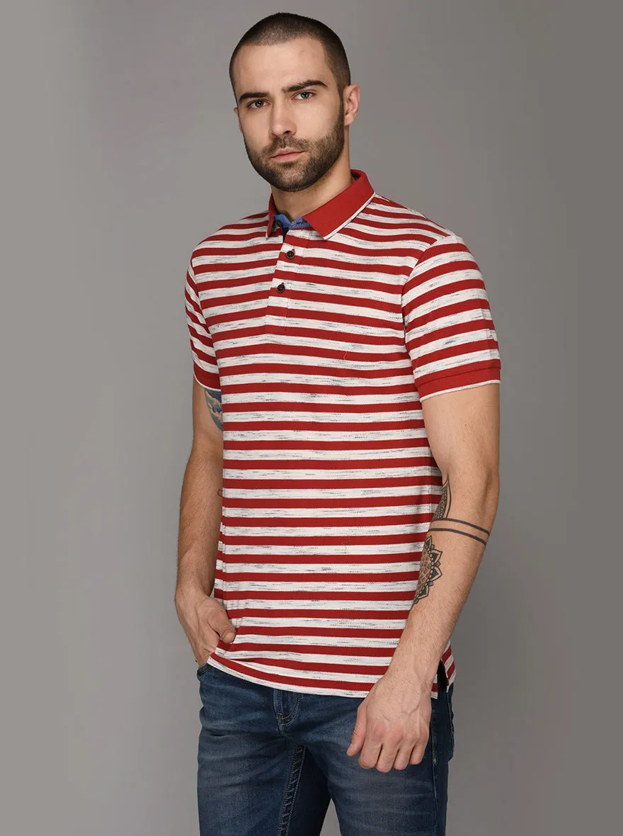 Cherry Red & Off-White Striped Slim Fit Polo T-Shirt | JadeBlue