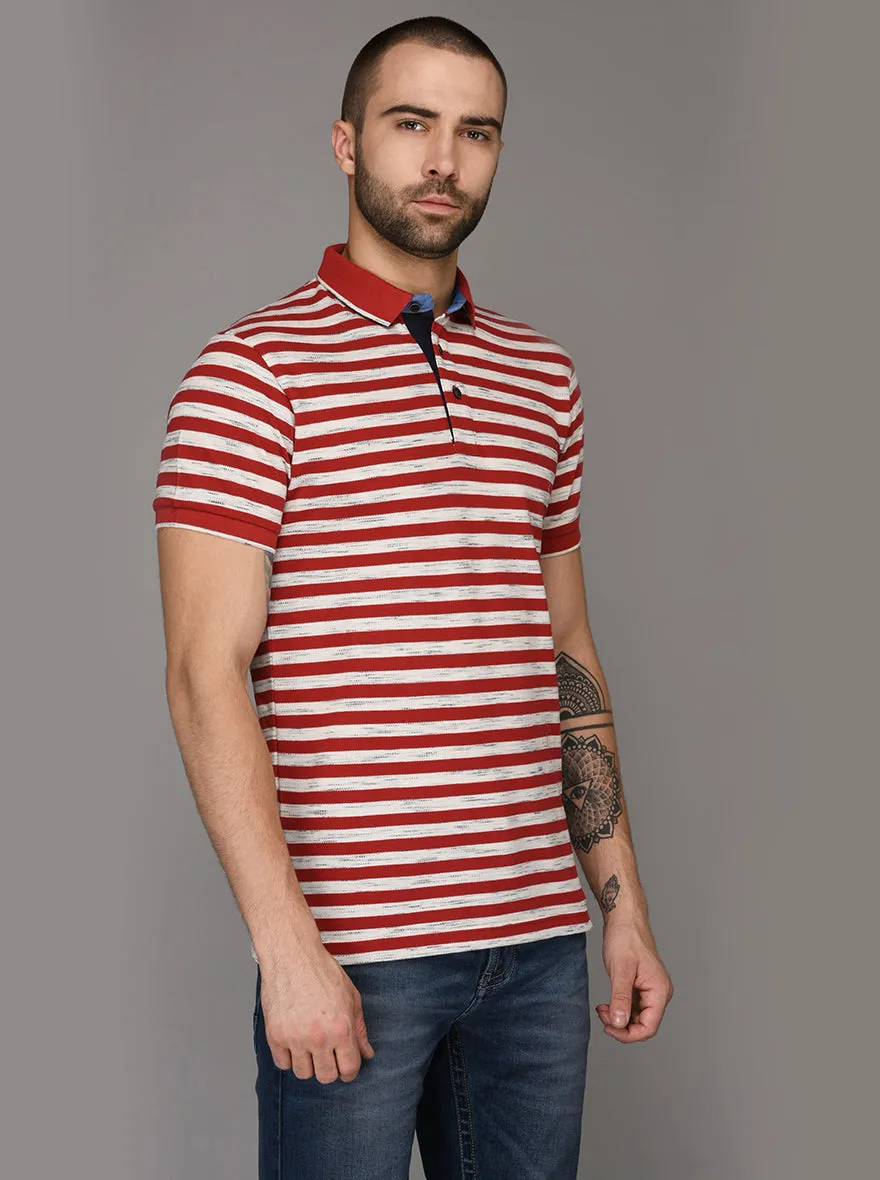 Cherry Red & Off-White Striped Slim Fit Polo T-Shirt | JadeBlue