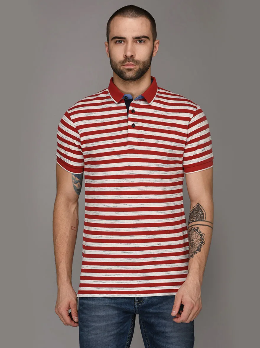 Cherry Red & Off-White Striped Slim Fit Polo T-Shirt | JadeBlue