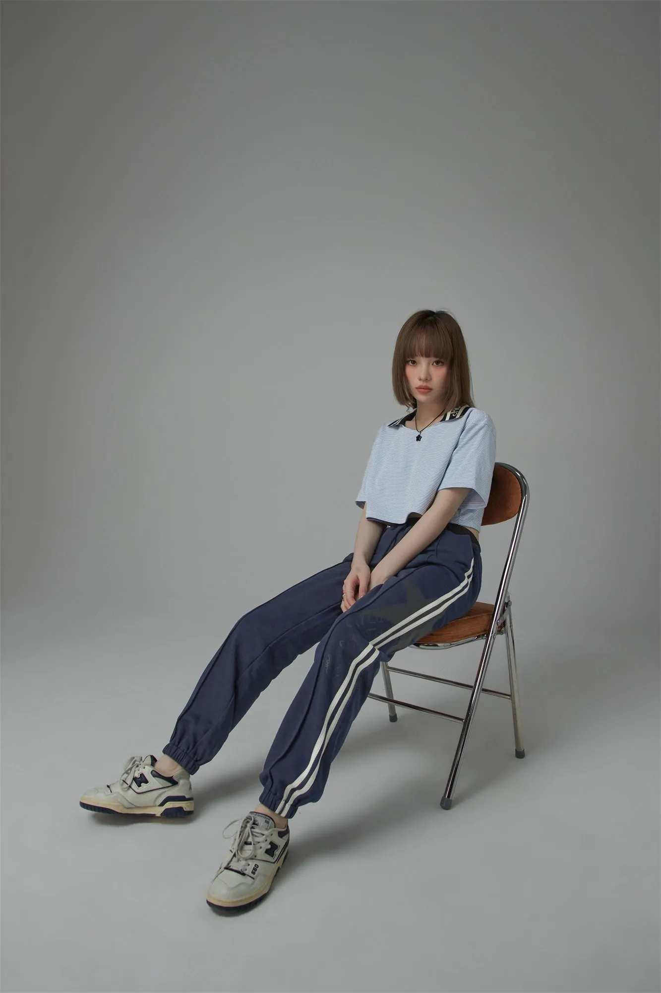 Chuu Lapel Striped Cropped T-Shirt