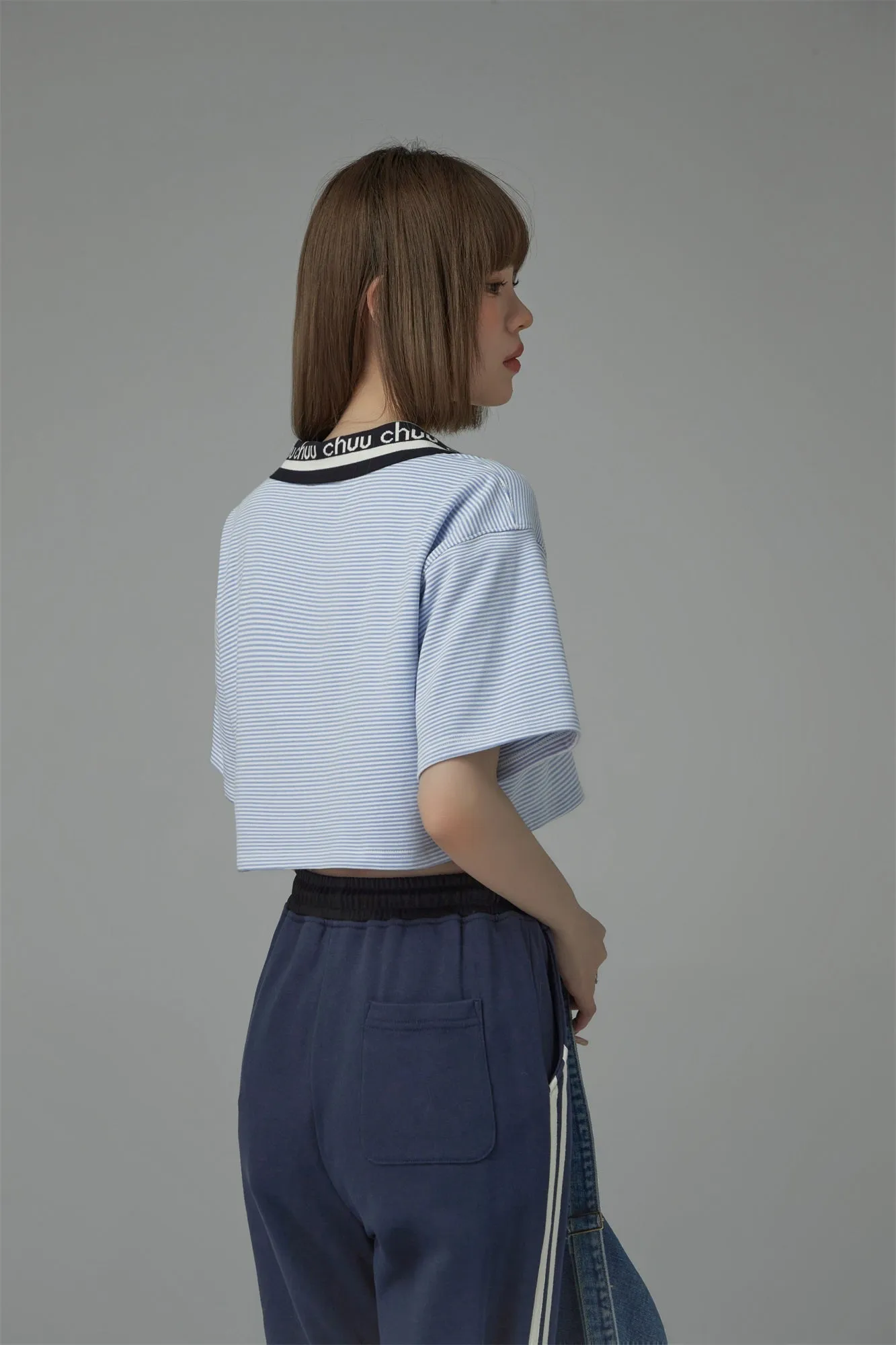 Chuu Lapel Striped Cropped T-Shirt