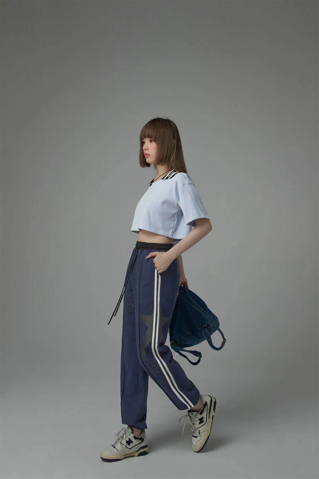 Chuu Lapel Striped Cropped T-Shirt