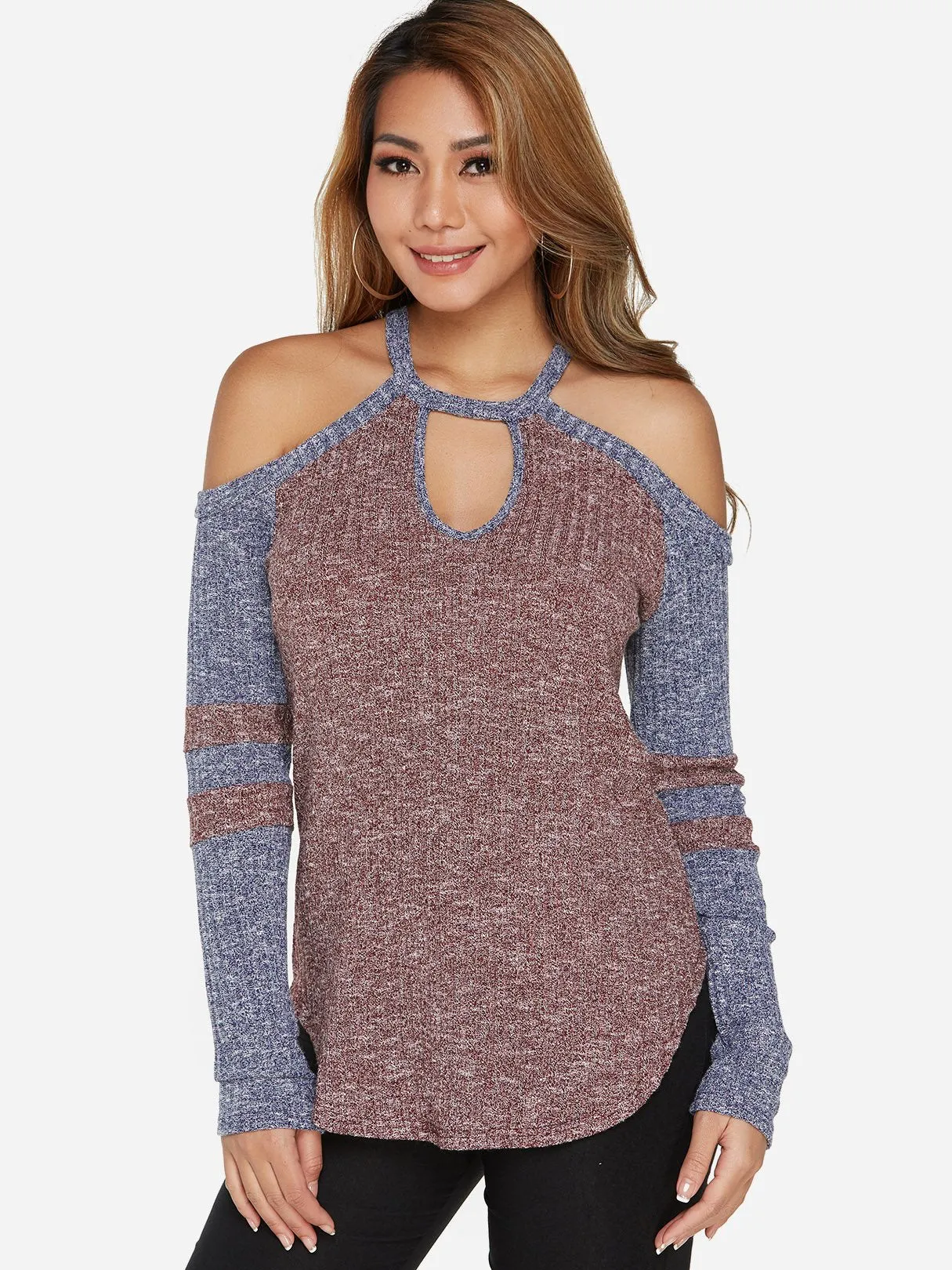 Custom Cold Shoulder Stripe Cut Out Long Sleeve T-Shirts