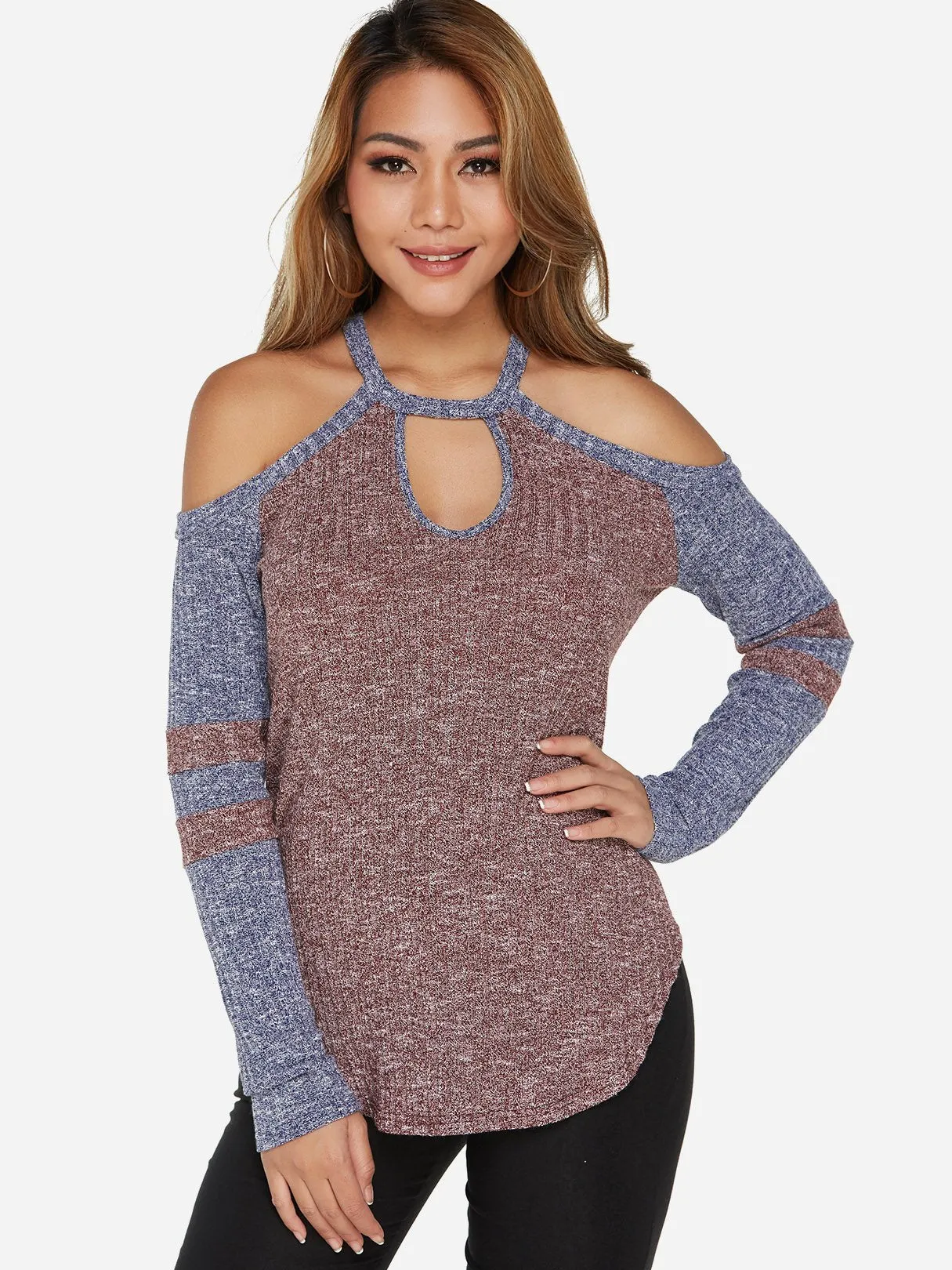 Custom Cold Shoulder Stripe Cut Out Long Sleeve T-Shirts