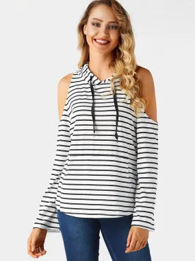 Custom Cold Shoulder Stripe Side Pockets Hooded Long Sleeve T-Shirts