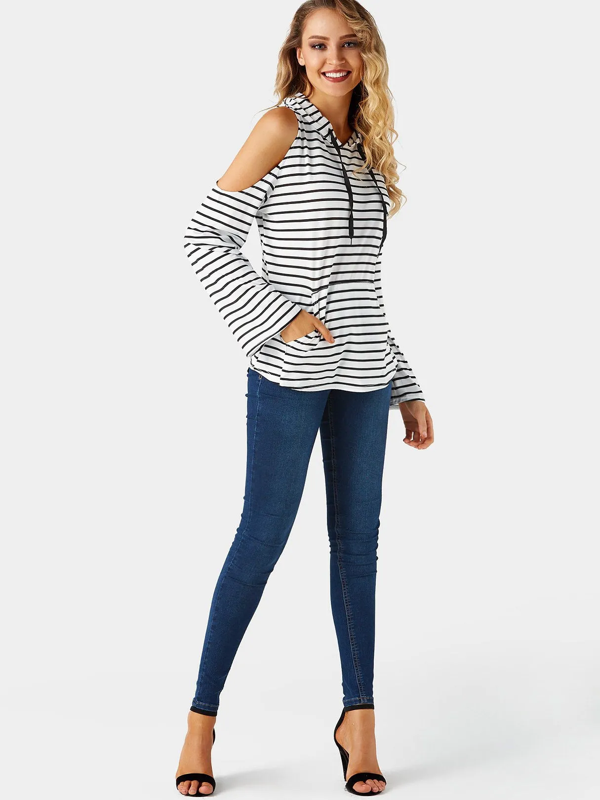 Custom Cold Shoulder Stripe Side Pockets Hooded Long Sleeve T-Shirts