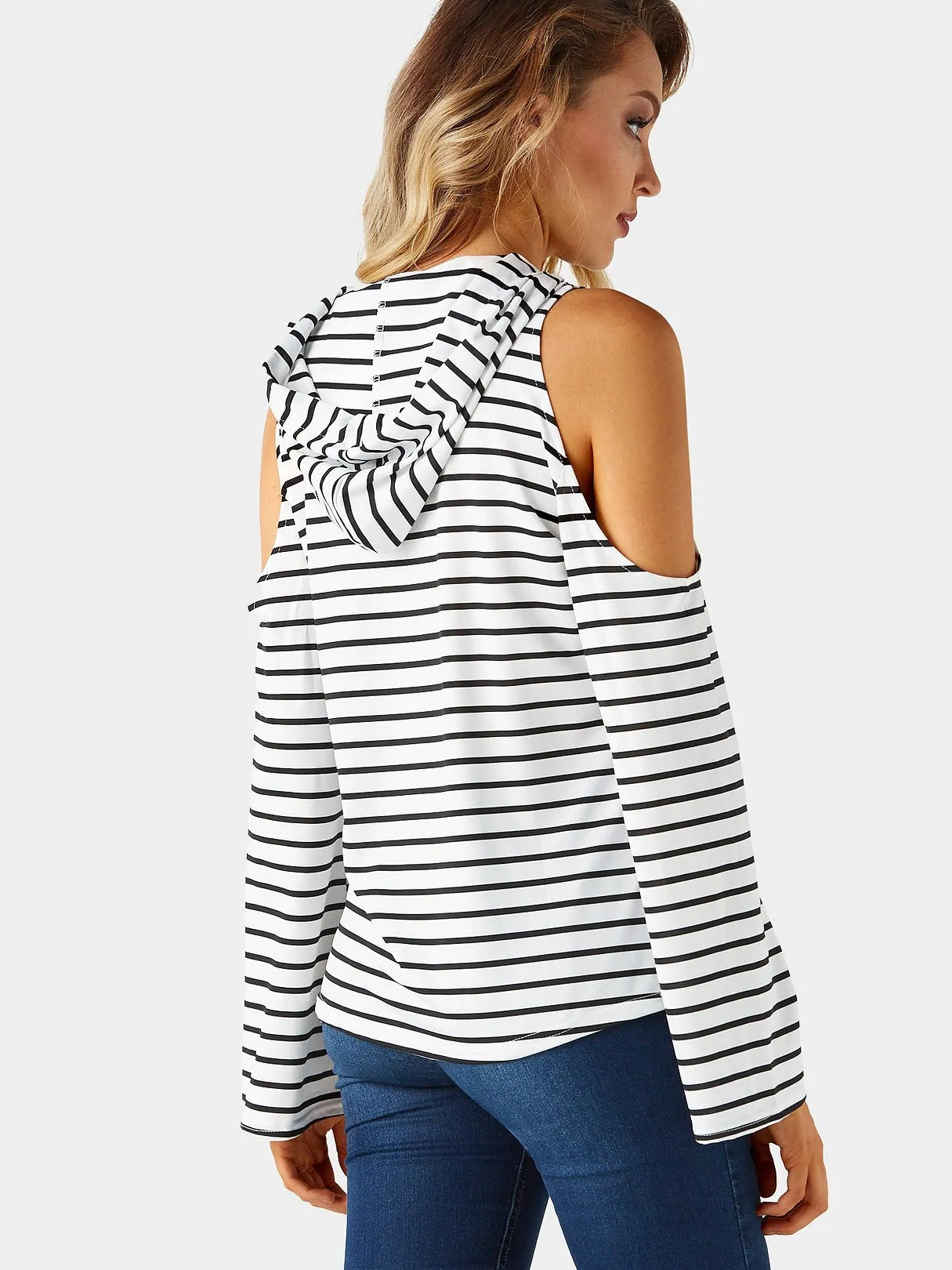 Custom Cold Shoulder Stripe Side Pockets Hooded Long Sleeve T-Shirts