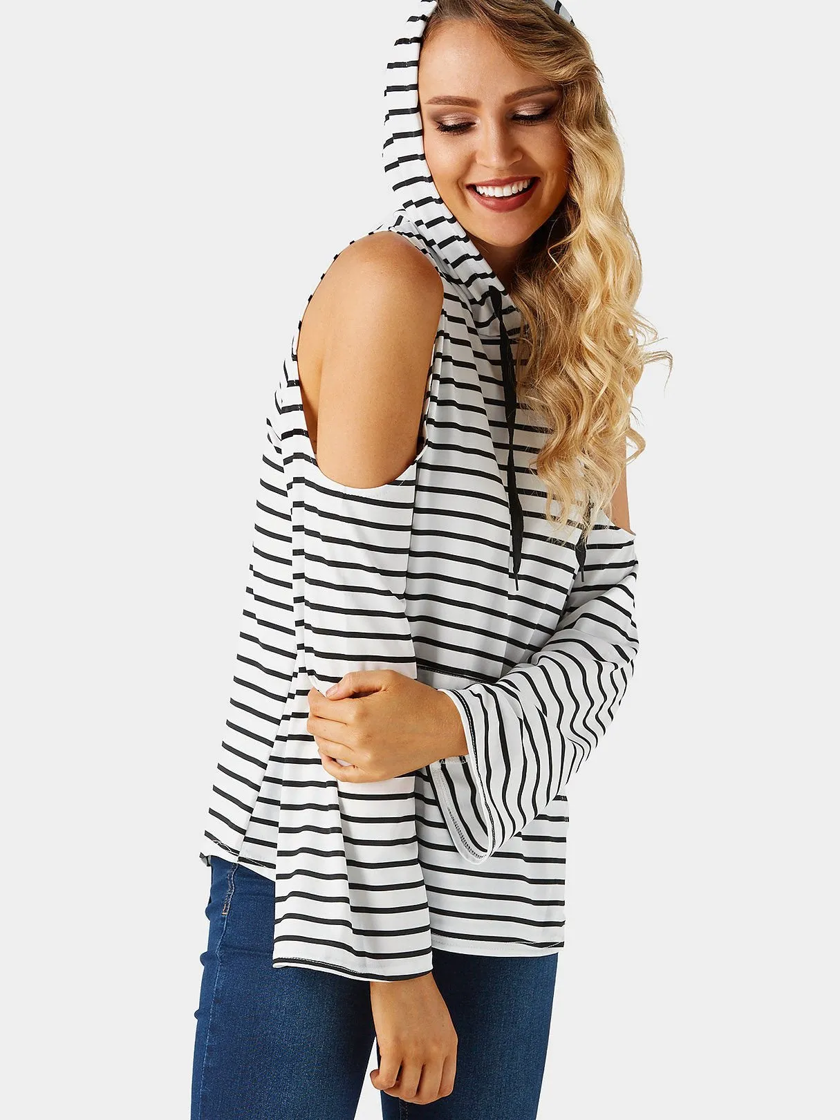 Custom Cold Shoulder Stripe Side Pockets Hooded Long Sleeve T-Shirts