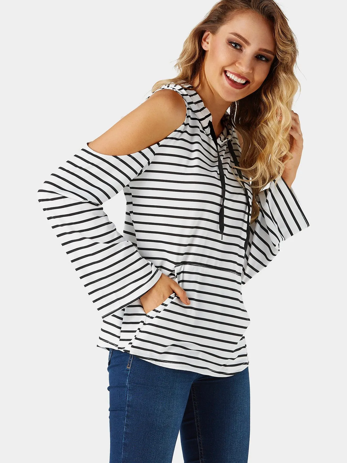 Custom Cold Shoulder Stripe Side Pockets Hooded Long Sleeve T-Shirts