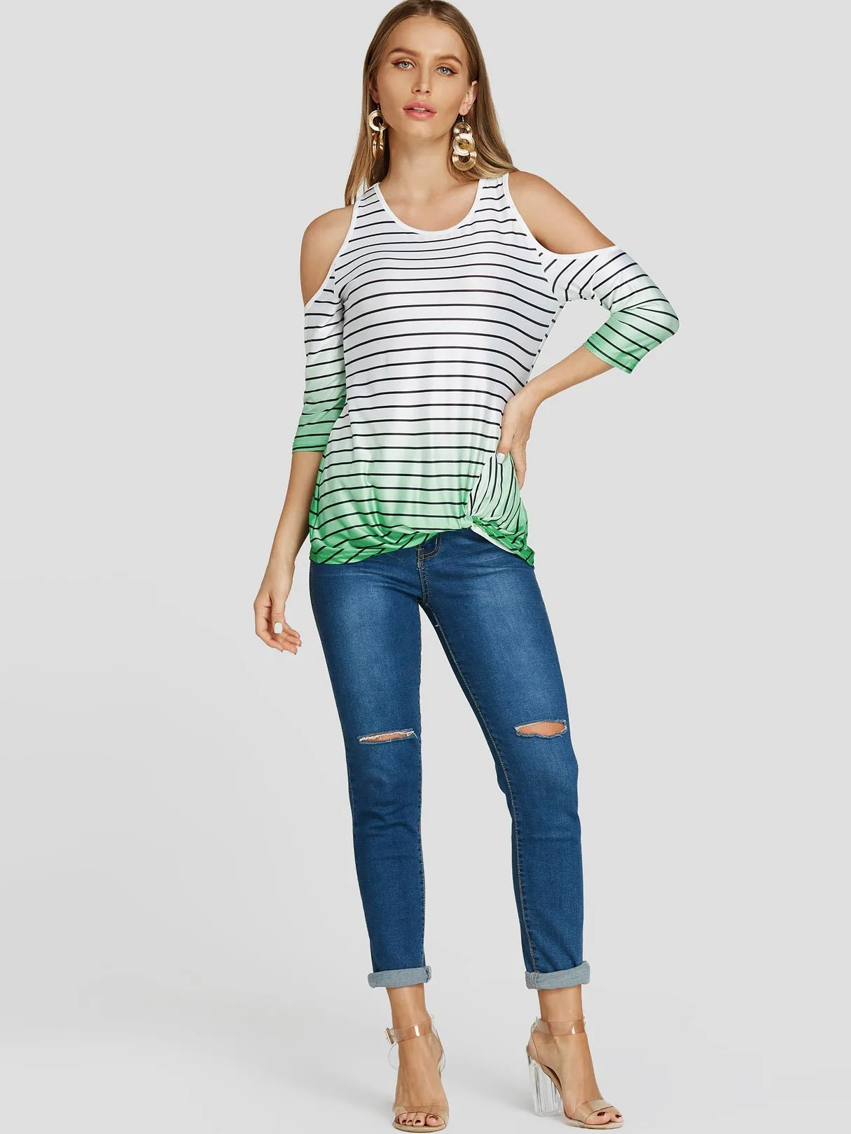 Custom Cold Shoulder Stripe Twist 3/4 Sleeve T-Shirts