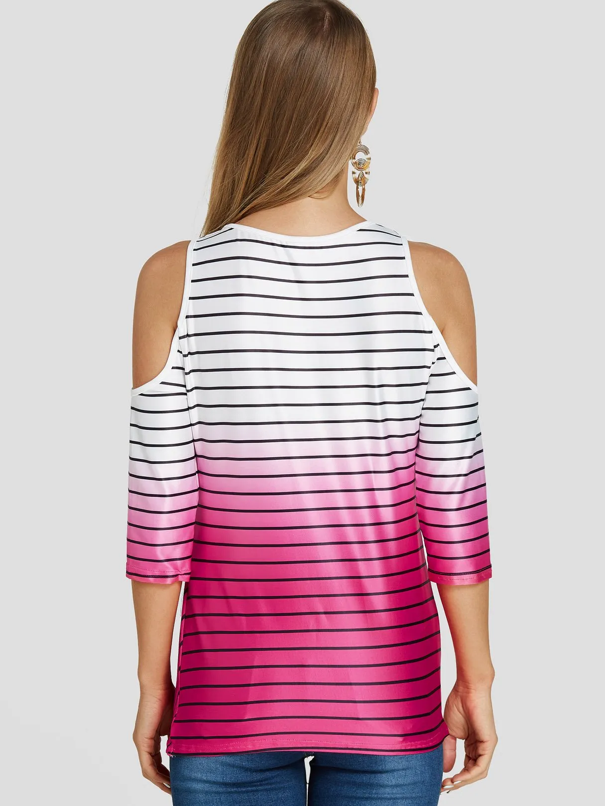 Custom Cold Shoulder Stripe Twist 3/4 Sleeve T-Shirts