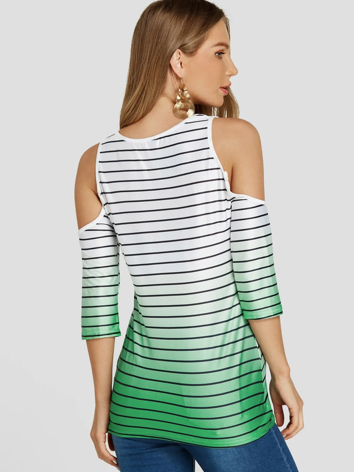 Custom Cold Shoulder Stripe Twist 3/4 Sleeve T-Shirts