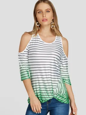 Custom Cold Shoulder Stripe Twist 3/4 Sleeve T-Shirts