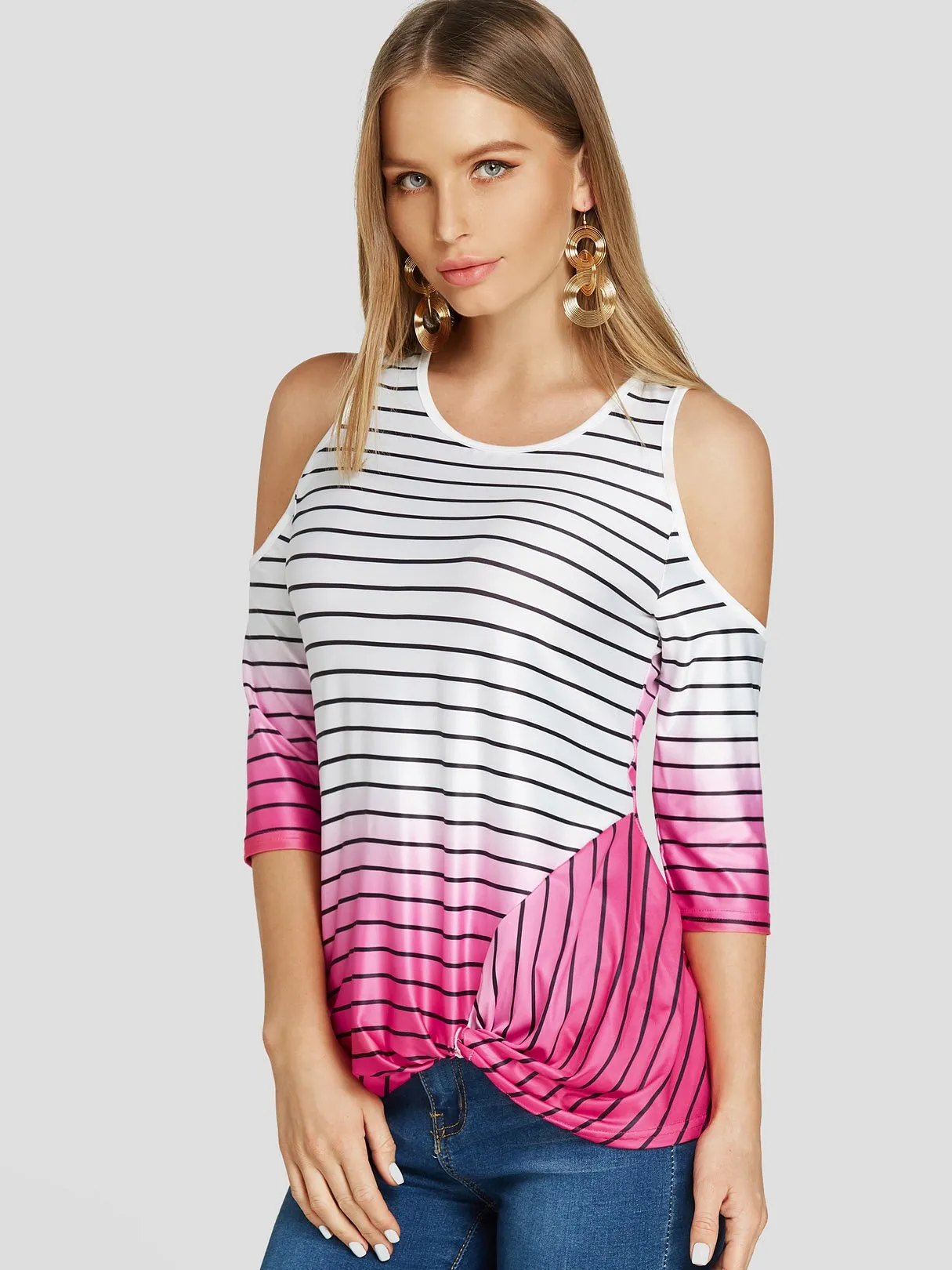 Custom Cold Shoulder Stripe Twist 3/4 Sleeve T-Shirts