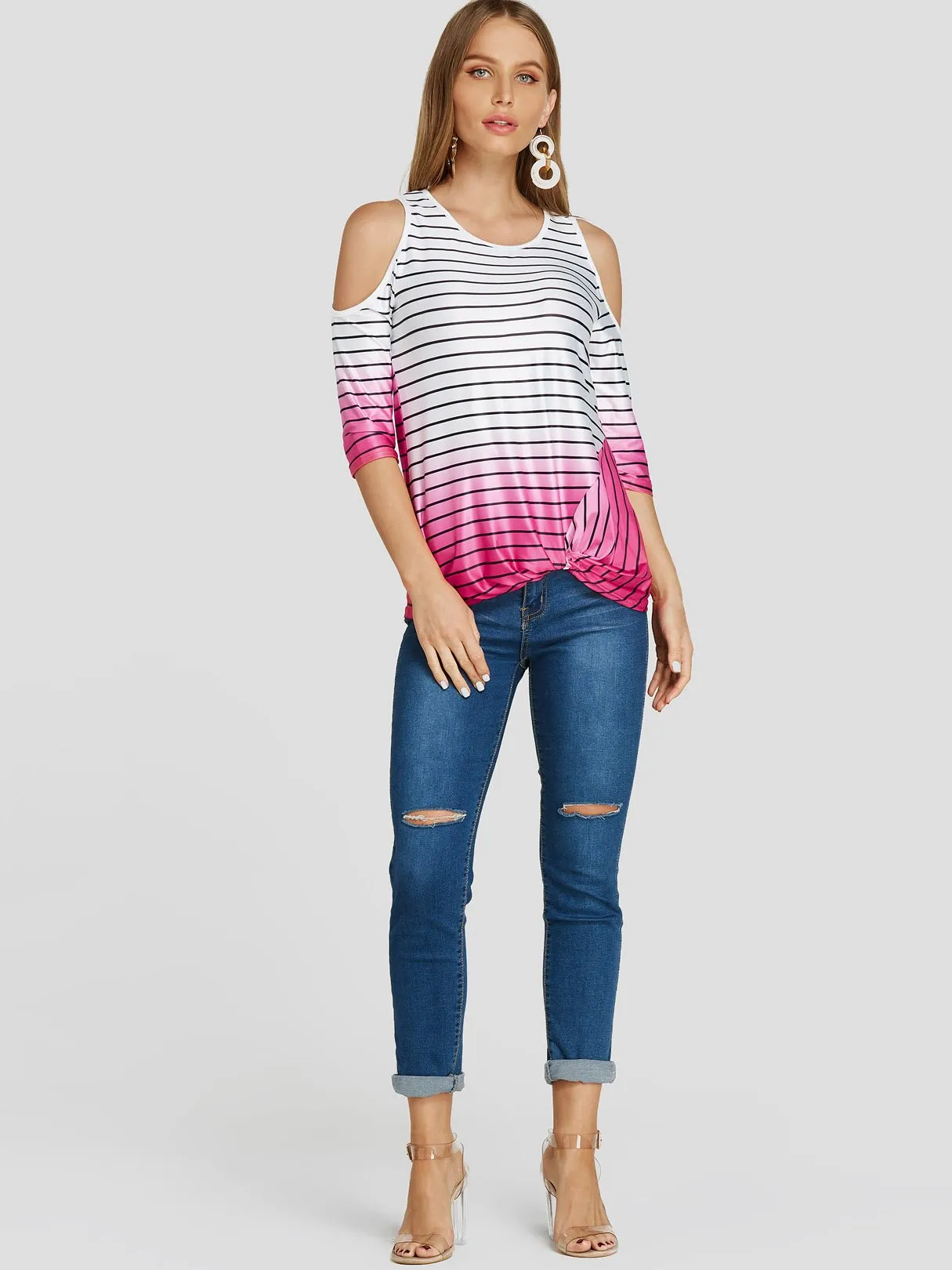 Custom Cold Shoulder Stripe Twist 3/4 Sleeve T-Shirts