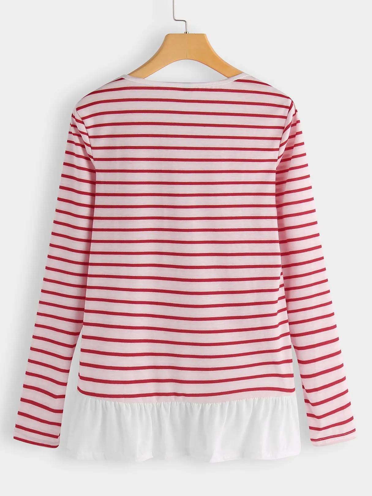 Custom Crew Neck Stripe Long Sleeve Ruffle Hem T-Shirts