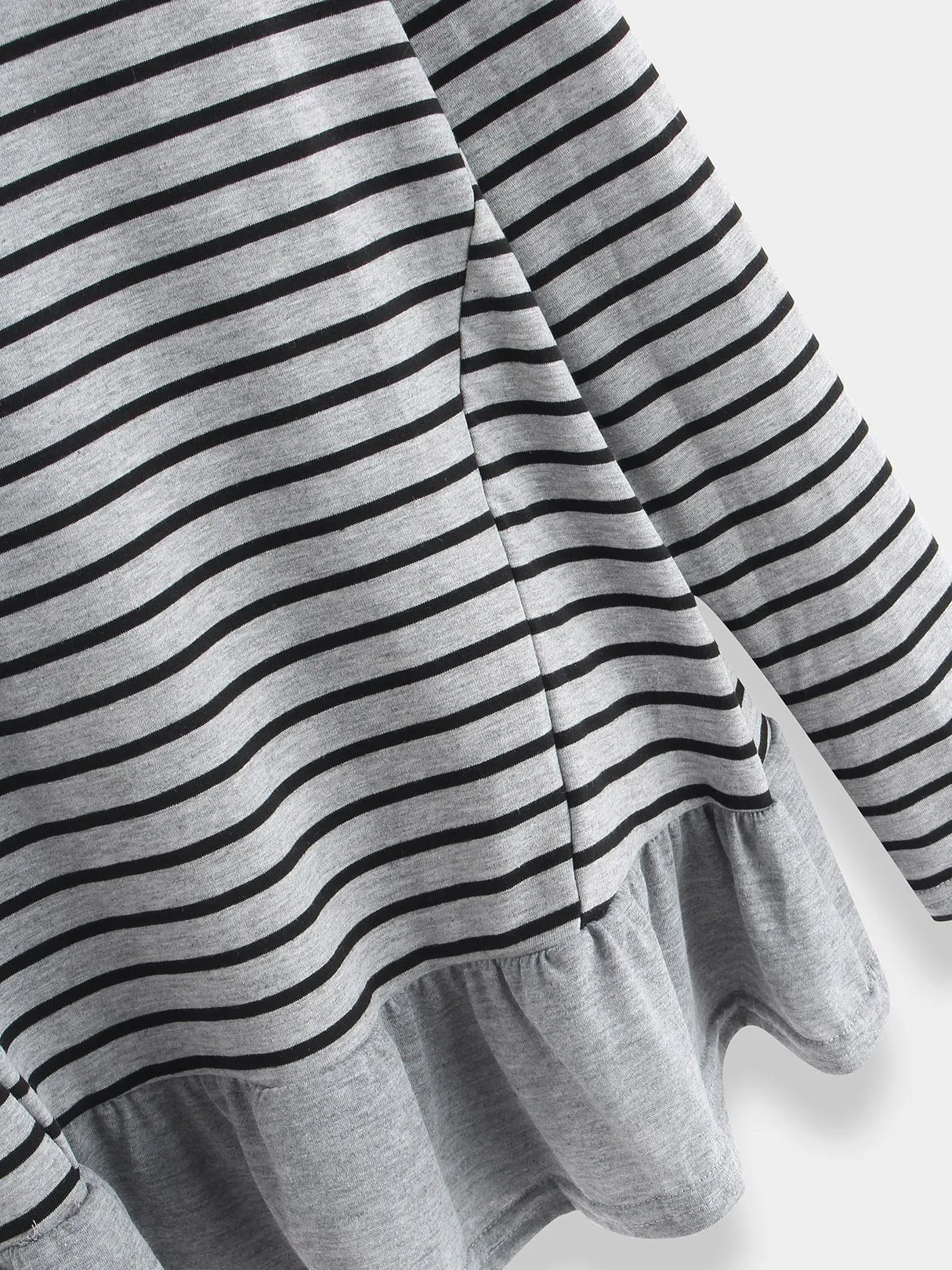 Custom Crew Neck Stripe Long Sleeve Ruffle Hem T-Shirts