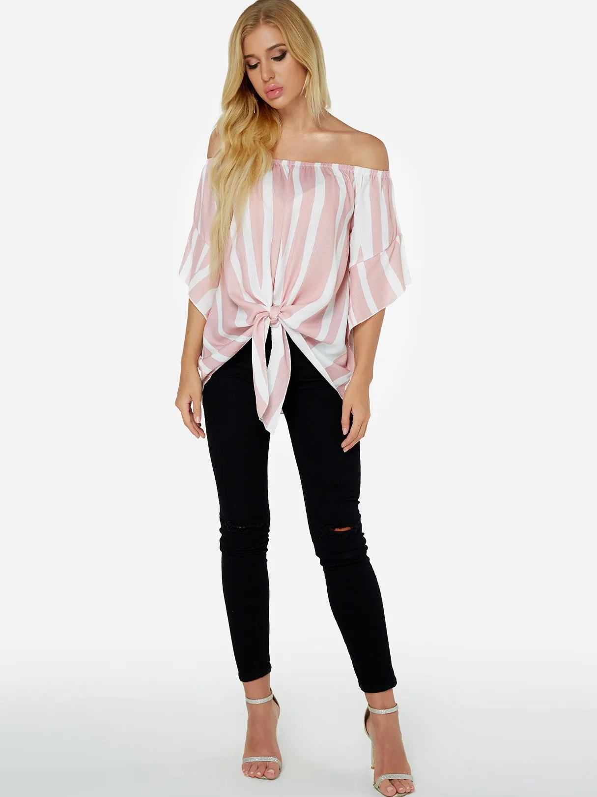 Custom Off The Shoulder Stripe Lace-Up Half Sleeve Pink Top