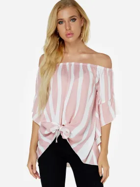 Custom Off The Shoulder Stripe Lace-Up Half Sleeve Pink Top