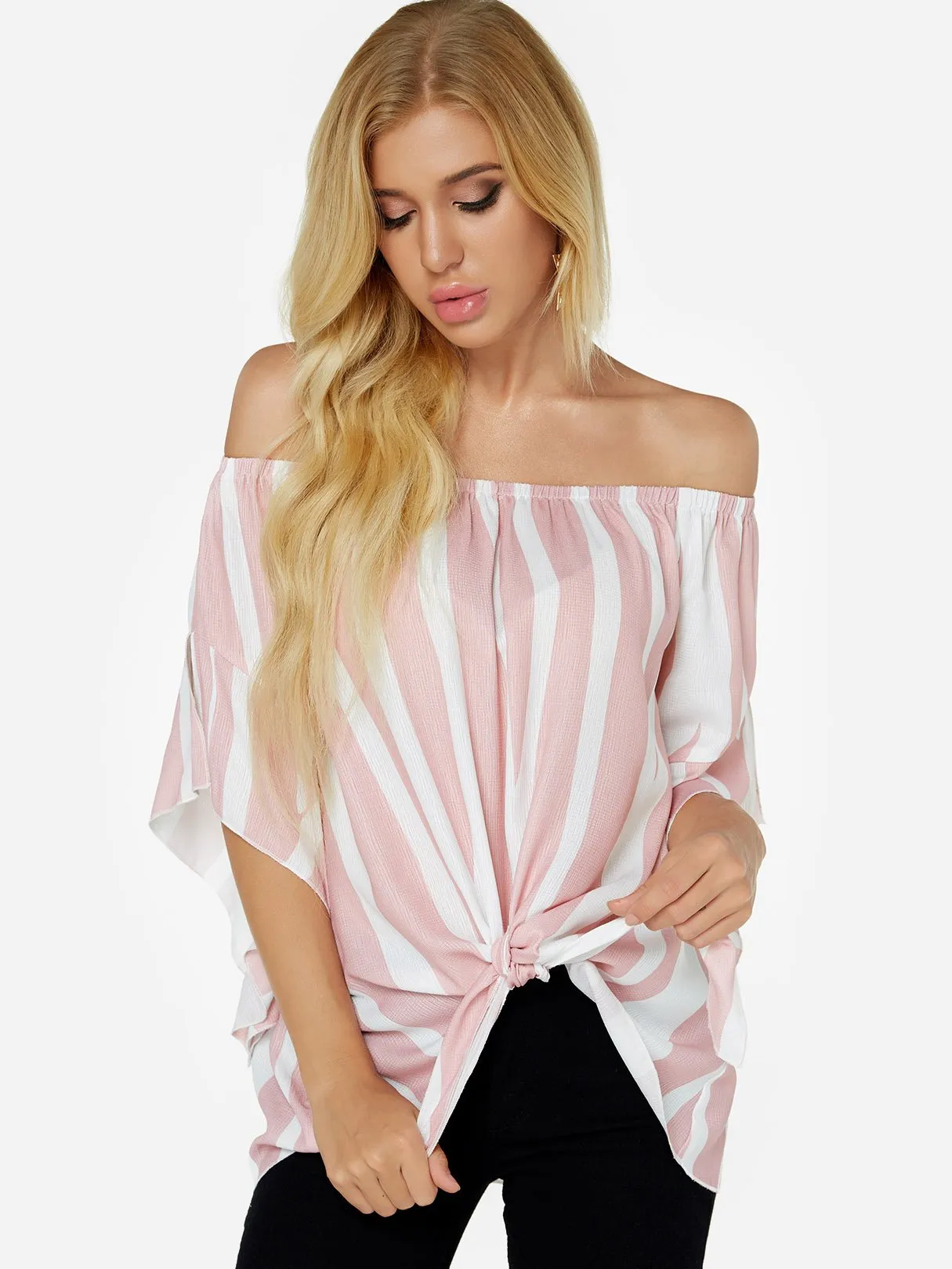 Custom Off The Shoulder Stripe Lace-Up Half Sleeve Pink Top