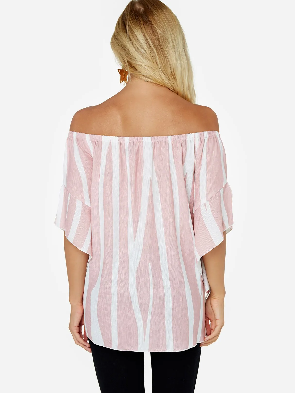 Custom Off The Shoulder Stripe Lace-Up Half Sleeve Pink Top