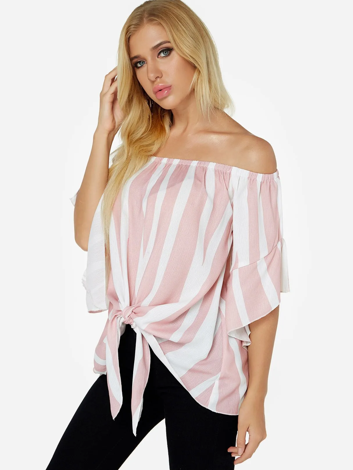 Custom Off The Shoulder Stripe Lace-Up Half Sleeve Pink Top