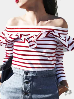 Custom Off The Shoulder Stripe Long Sleeve Red T-Shirts