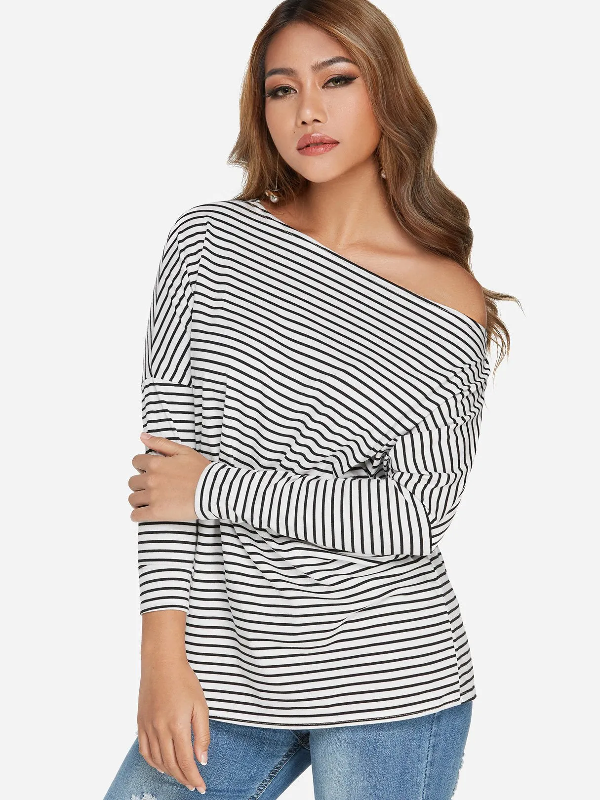 Custom One Shoulder Stripe Long Sleeve T-Shirts