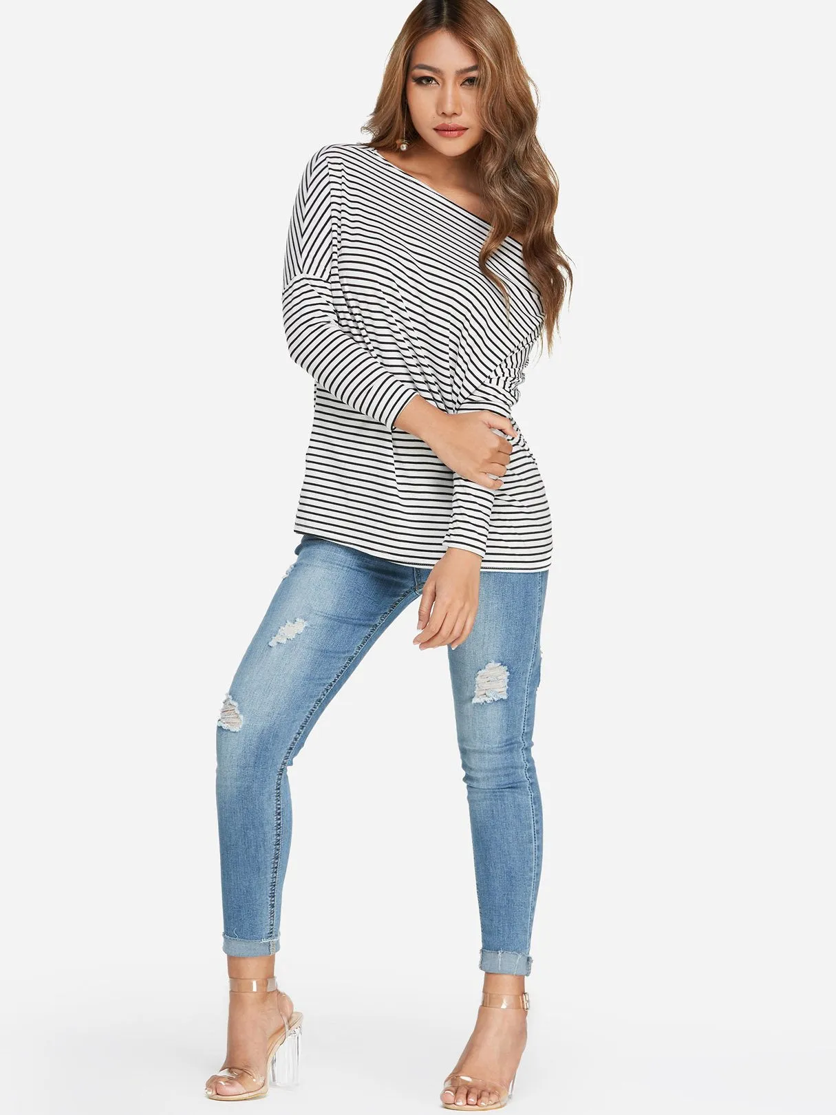 Custom One Shoulder Stripe Long Sleeve T-Shirts