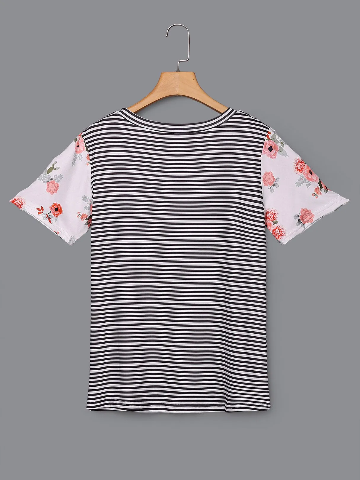 Custom Round Neck Stripe Floral Print Short Sleeve Tee