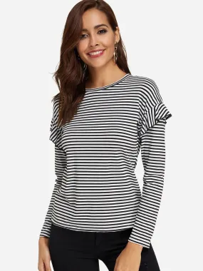 Custom Round Neck Stripe Long Sleeve Black T-Shirts