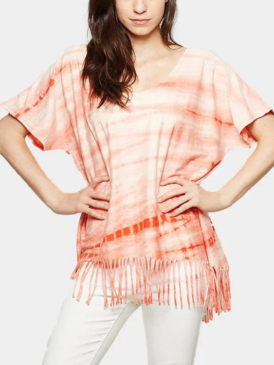 Custom Round Neck Stripe Tassel Half Sleeve Orange T-Shirts