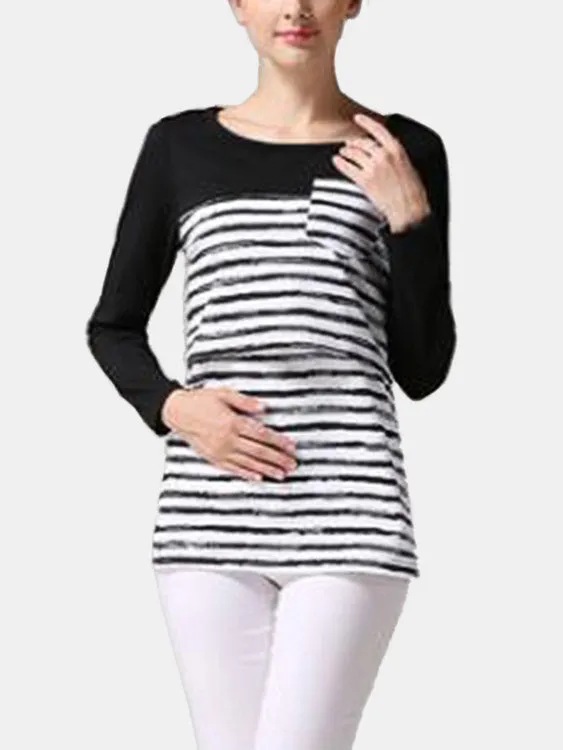 Custom Stripe Pattern Side Stitching Nursing T-shirts