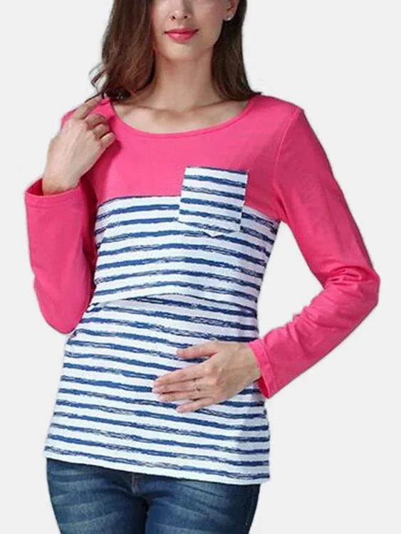 Custom Stripe Pattern Side Stitching Nursing T-shirts