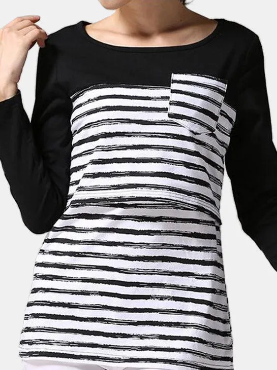 Custom Stripe Pattern Side Stitching Nursing T-shirts