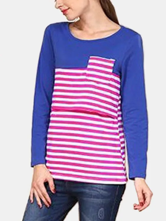 Custom Stripe Pattern Side Stitching Nursing T-shirts