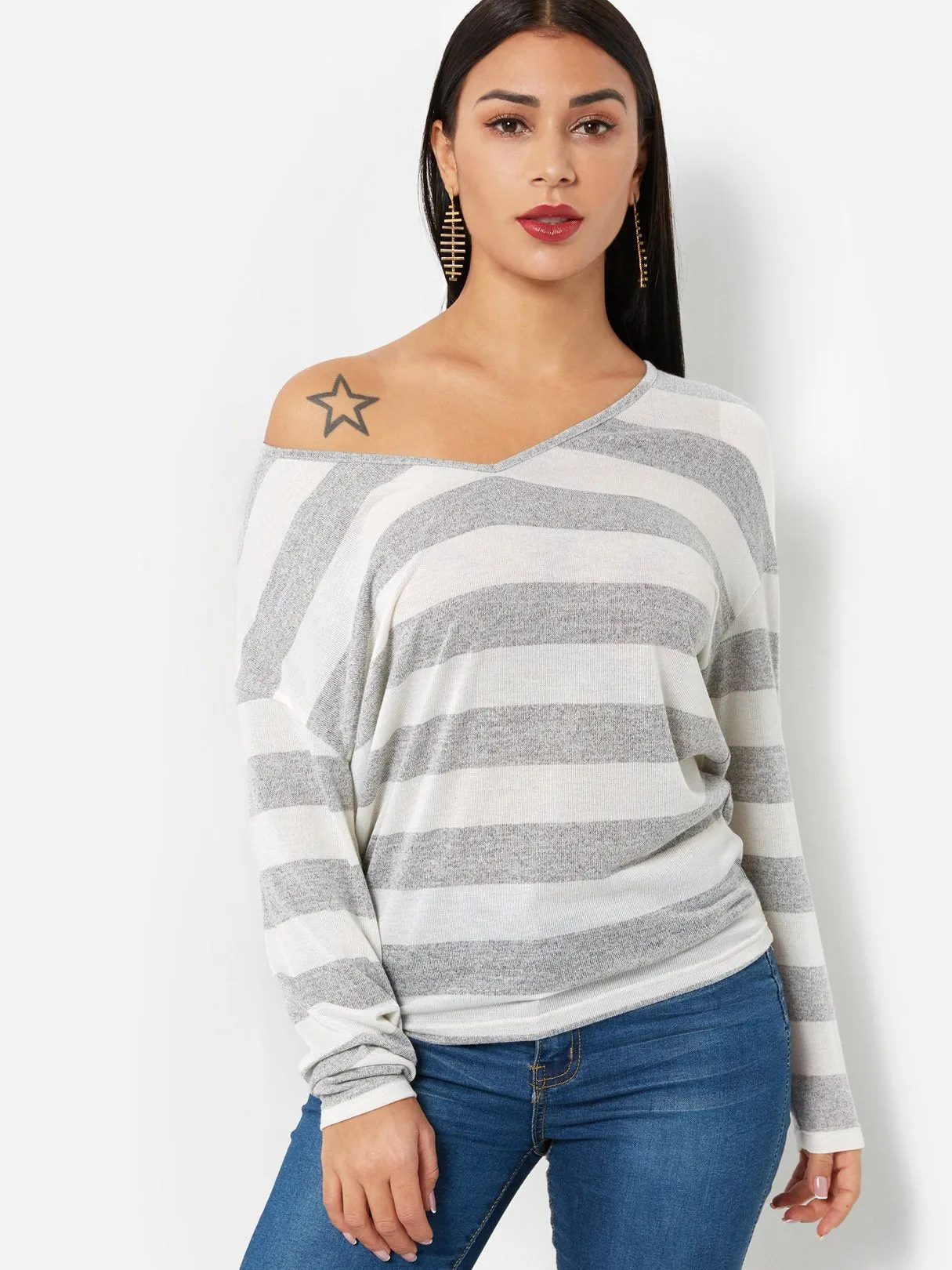 Custom Stripe V-Neck Bat Sleeves T-shirt